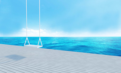 Wooden swing with beach lounge sea view and blue sky-3d renderin