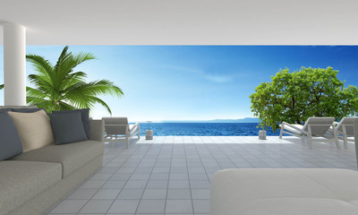 Naklejka na ściany i meble Beach living on Sea view and blue sky background-3d rendering