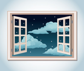 room window night sky stars clouds vector illustration eps 10