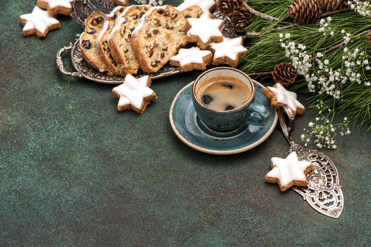 Traditional Christmas cake Stollen cookies coffee decoration