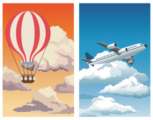 Fototapeta na wymiar set sunset sky airballoon-blue sky clouds plane vector illustration eps 10