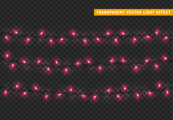 Garlands, Christmas decorations lights effects. Isolated vector design elements. Glowing lights for Xmas Holiday greeting card design. Christmas decoration realistic luminous garland