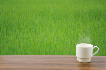 Coffee cup in green rice field