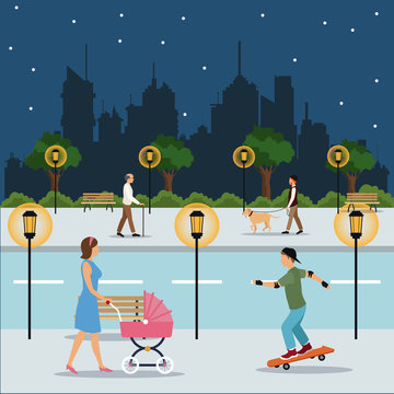 character walking landscape night city street park brench vector illustration eps 10