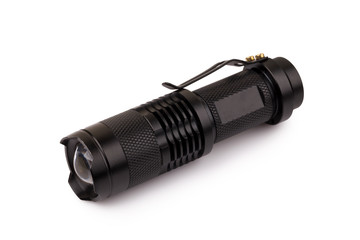 black metallic flashlight isolate on white background