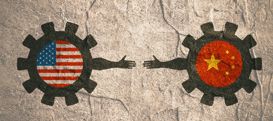 Web Banner, Header Layout Template. Politic and economic relationship between USA and China. National flags on cog wheels. Concrete textured