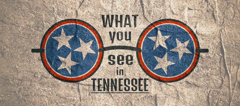 State of Tennessee Flag and Text. What You See in Tennessee Phrase. Textured Round Glasses. Concrete textured