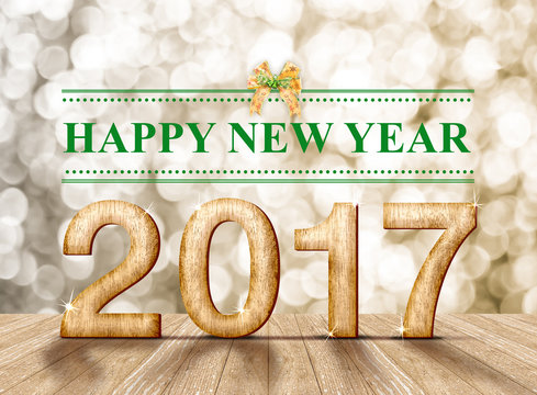 Happy new year 2017 wood number in perspective room with sparkli