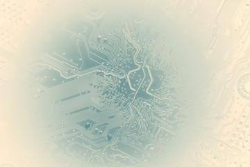 silhouette of a computer motherboard, on a light blue faded background. suitable as a background for your IT technology presentation