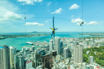 Bungee jumping man from Auckland sky tower. - obrazy, fototapety, plakaty