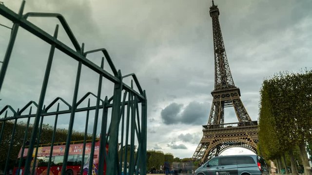 Champ de Mars Eiffel Tower Time-lapse. Time-lapse of the Eiffel Tower from inside the Champ de Mars Park in Paris, France.