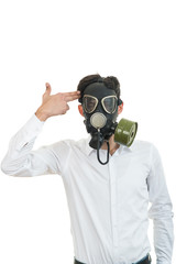 fine portrait of man with classic old mask gas isolated on white