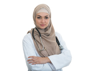 Closeup portrait of friendly, smiling confident muslim female doctor.
