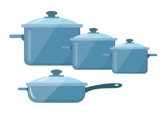 Set of dishes, pots and pans icon vector flat style. Isolated on white background. Vector illustration