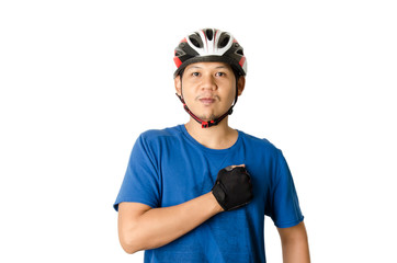 Man is wearing bike helmet and gloves ready to cycling,isolated on white background