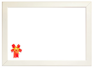 Obraz premium Red ribbon decorated on left corner of white frame, season greet