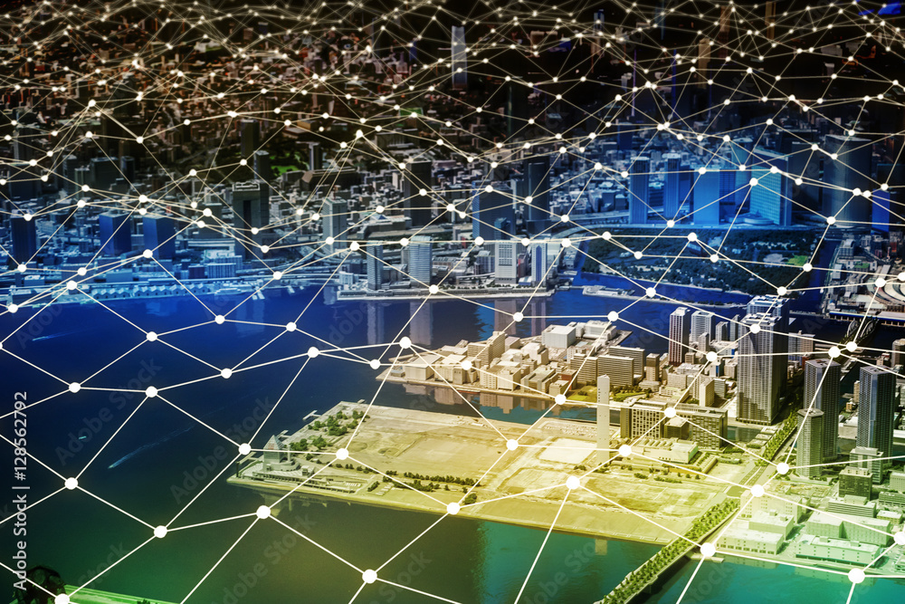 Fototapete modern city diorama and network grid pattern, internet, sensor network, smart grid, abstract image v