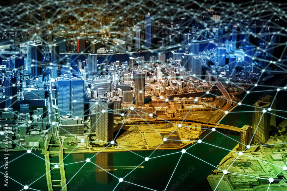 Aufkleber modern city diorama and network grid pattern, internet, sensor network, smart grid, abstract image v