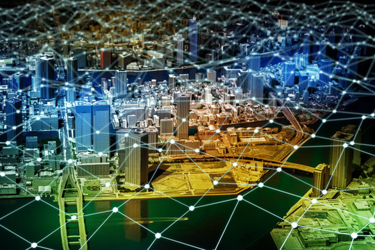 modern city diorama and network grid pattern, Internet, Sensor Network, Smart Grid, abstract image visual