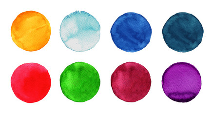 Set of colorful watercolor hand painted circle isolated on white. Illustration for artistic design. Round stains, blobs  blue, red, green, brown