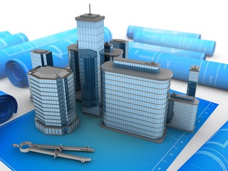3d illustration of city over blueprints background with circle tool