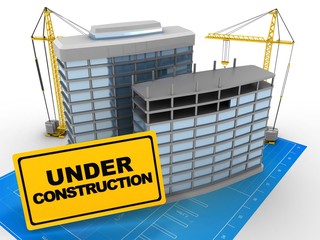 3d illustration of modern buildings over bluprint paper background with cranes