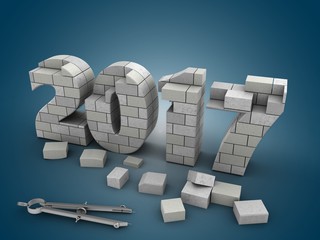 3d illustration of 2017 year construction over blue gradient background with circle tool