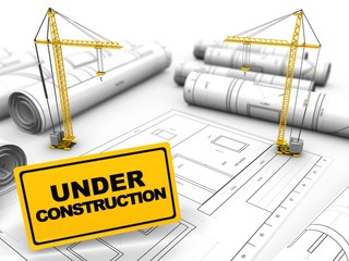 3d illustration of cranes over drawings background with under construction sign