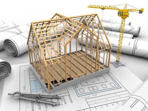 3d illustration of wooden house frame over drawing rolls background with crane