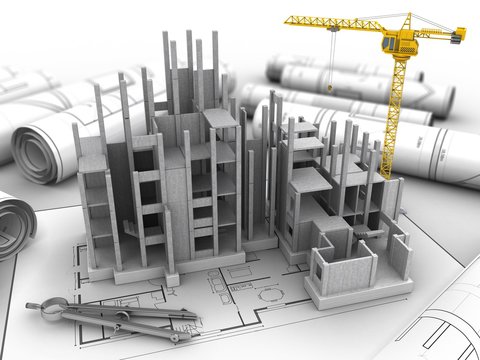 3d illustration of  over house plan background with crane