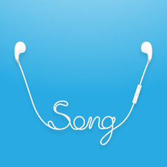 Earphones wireless and remote, earbud type white color and song text made from cable isolated on blue gradient background, with copy space
