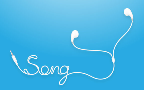 Earphones, Earbud type white color and song text made from cable isolated on blue gradient background, with copy space