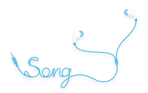 Earphones, In Ear type blue color and song text made from cable isolated on white background, with copy space