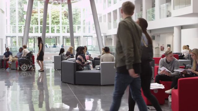 Groups of students working together a university lobby, shot on R3D