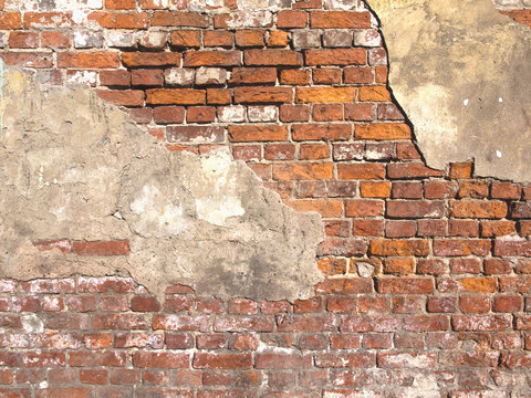 Old damaged brick wall and plaster