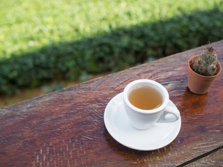 Cup of tea on wooden bar. Beauty nature background of tea plantation at Doi-Montngo , Chiang Mai, Thailand