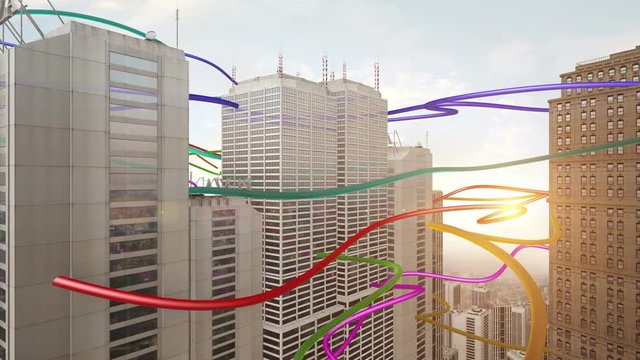 Colorful Wires Connecting Skyscrapers