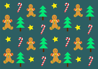 Christmas pattern, tree, candy cane, cookie vector.