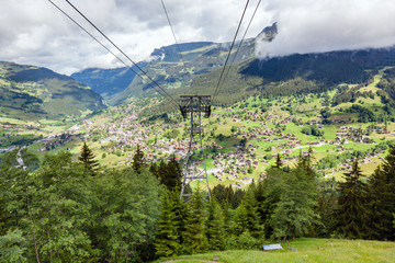 aerial view of landscape with mountain village in summer time, G