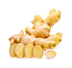 Ginger root, slices of ginger root isolated on white background