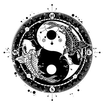 Yin and Yang tattoo art vector, two japanese carp boho style