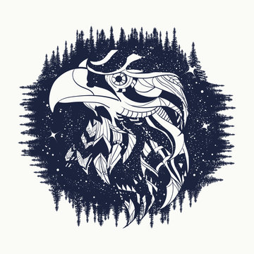 Eagle tattoo art, falcon in night forest, symbol travel