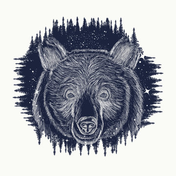 Bear tattoo art, symbol travel and tourism. Portrait grizzly
