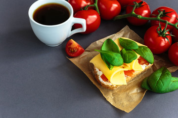 Bruschetta with spinach and cherry tomatoes on toasted baguette