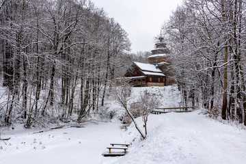 winter landscape, Russian village Church