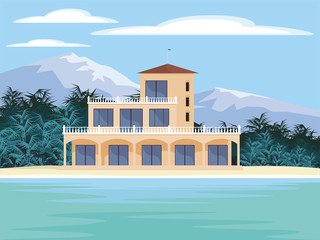 Abstract image of a large, beautiful country house. Luxury Villa on the seafront, surrounded by palm trees. Vector background.