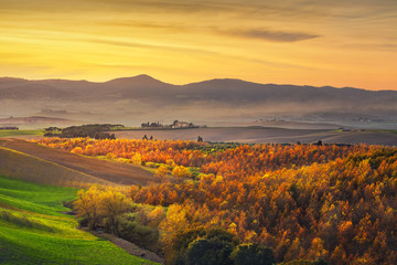 Autumn, panorama in Tuscany, rolling hills, woods, fields Italy 