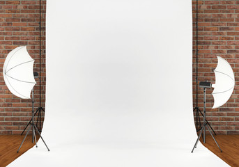 Photo studio with white background. 3D rendering - 128572111