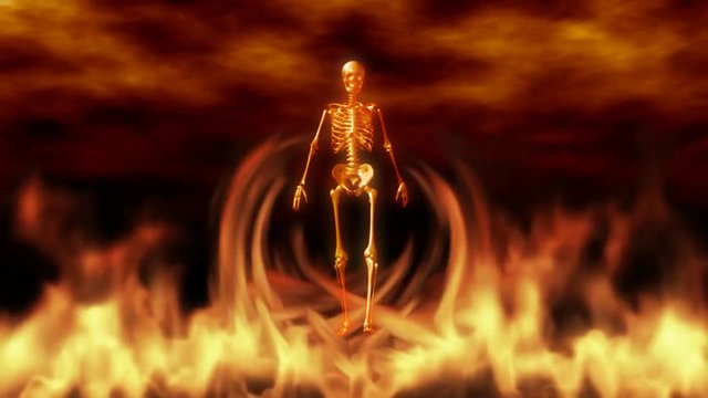 Scary skeleton walking in the flames