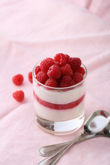 Sweet pudding with fresh raspberry